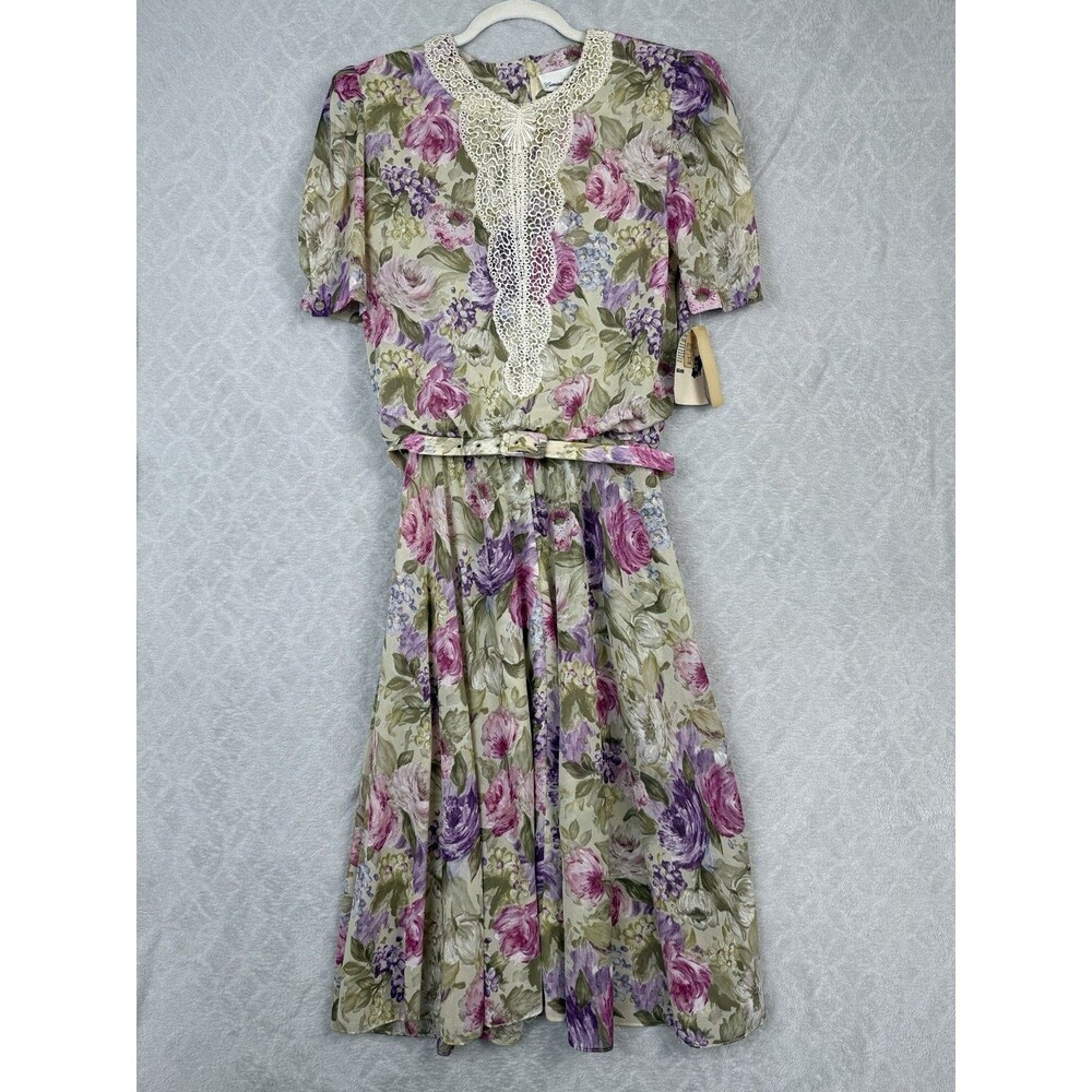 Vtg Sears Tea Dress 12 Floral Crochet Lace Belt Cottage 90s 80s Laura Ashley